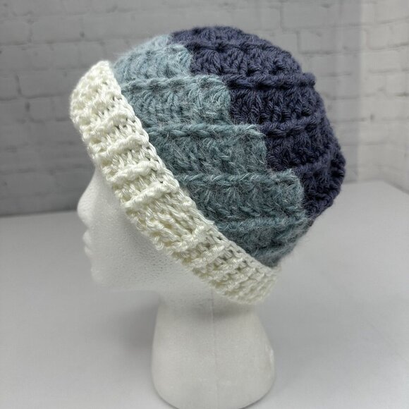 Handmade Women's NEW Braided Virgin Wool Knit Beanie - White Light Blue and Blue - Picture 3 of 12
